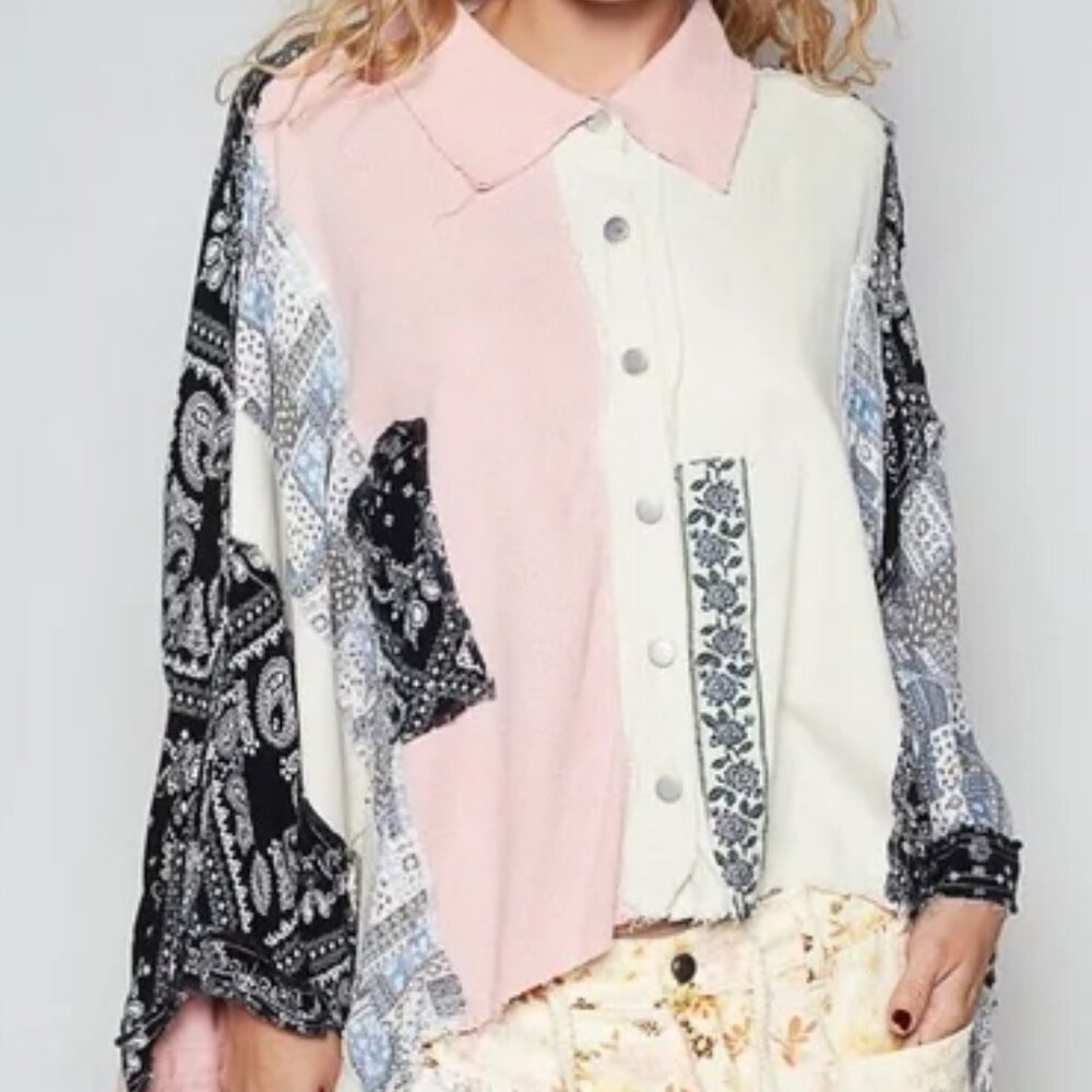 054 POL Oversized Patchwork Chambray Printed Top … - image 4